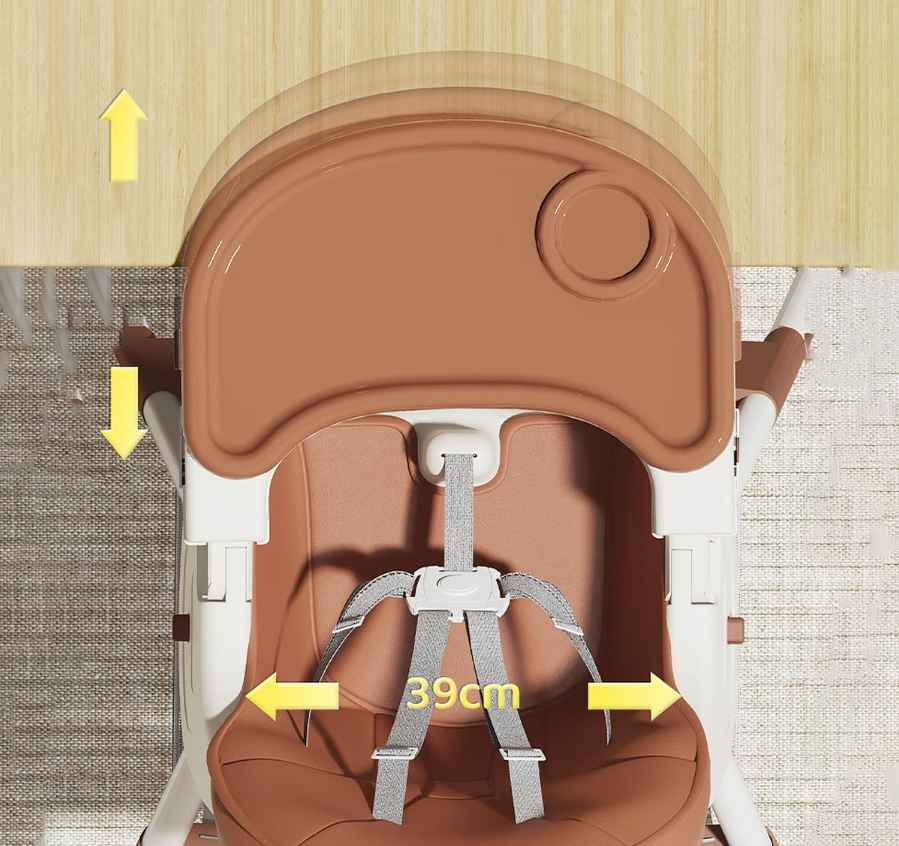 Scaun de masa 2in1 bebe, reglabil si pliabil, piele PU, roti cu frana, Maro