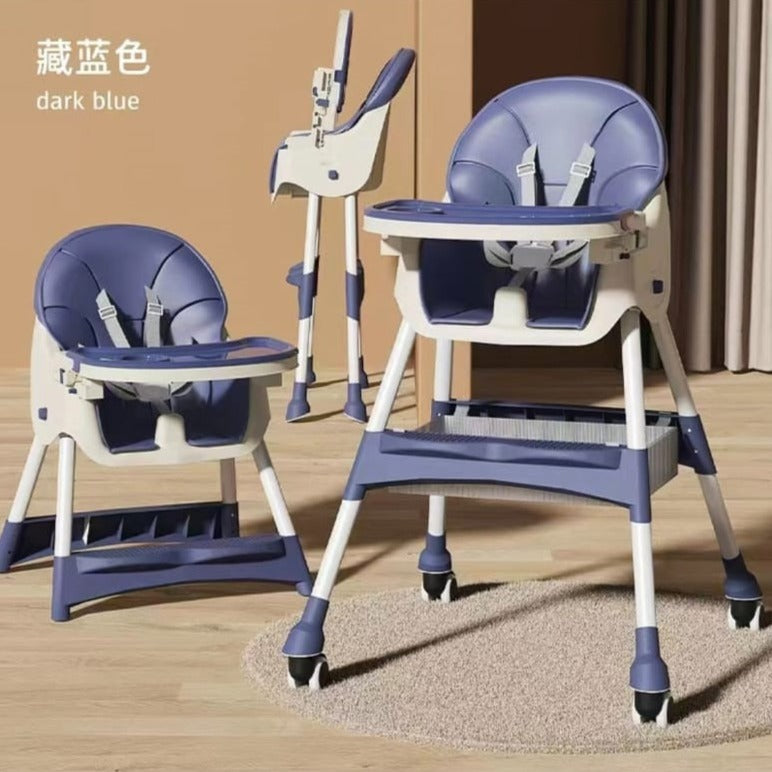 Scaun de masa 2in1 bebe, reglabil si pliabil, piele PU, roti cu frana, Albastru