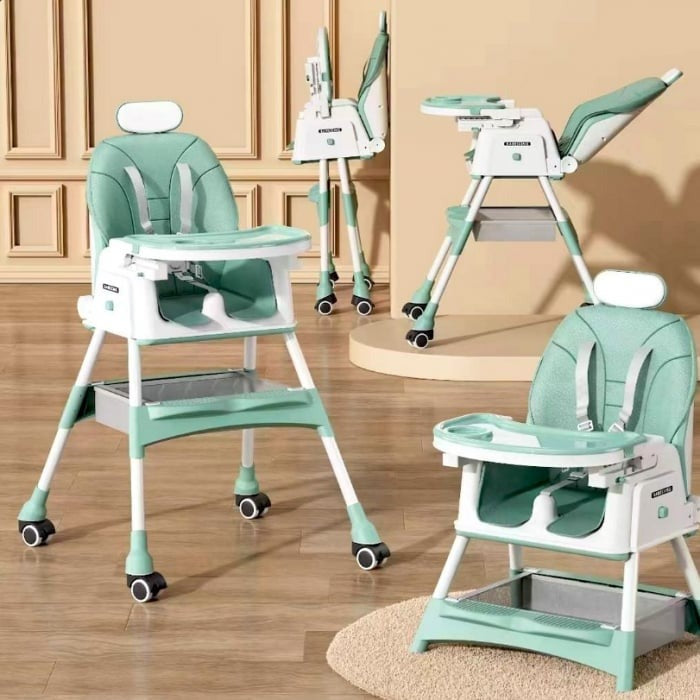 Scaun de masa 2in1 bebe, reglabil si pliabil, piele PU, roti cu frana, Verde